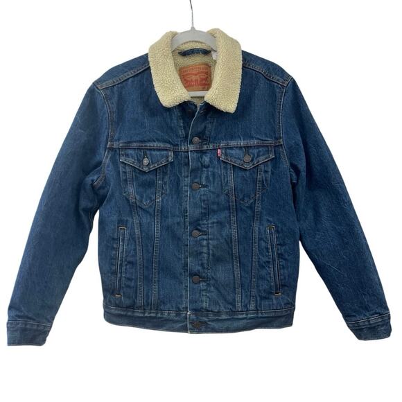 Levi Strauss Mens Retro Blue Denim Sherpa Lined Trucker Jacket Small Button Up - Picture 2 of 12